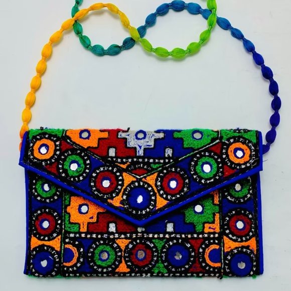 Handmade Multicolor Cross Bag, Ethnic Tribal Bag With Thread Work and Mirrors - Picture 4 of 8